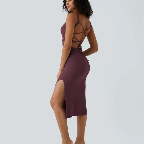 Halara Ruched Backless Crisscross Lace Up Split Bodycon Midi Casual Dress - Picture 2 of 7